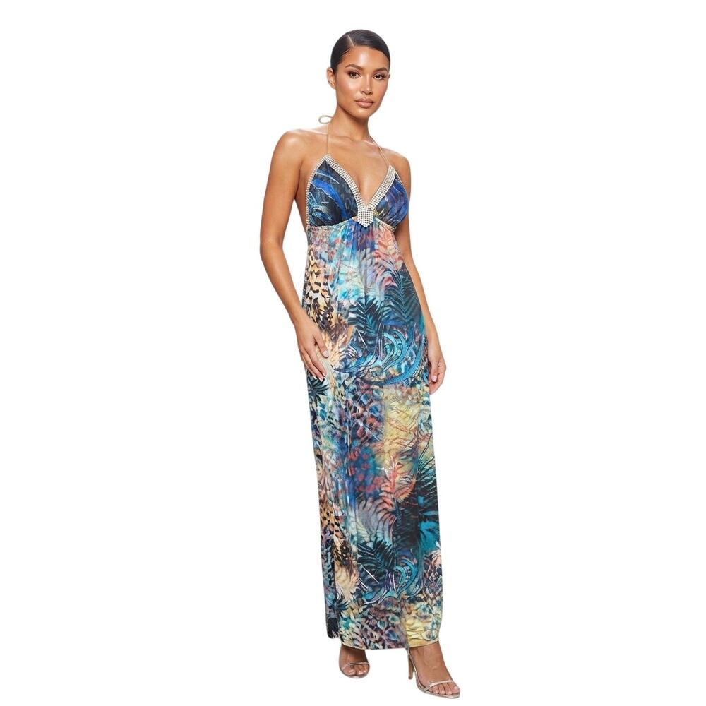 Baccio Couture Multicolored Graphic Print Studded Halter Maxi Dress Size Small